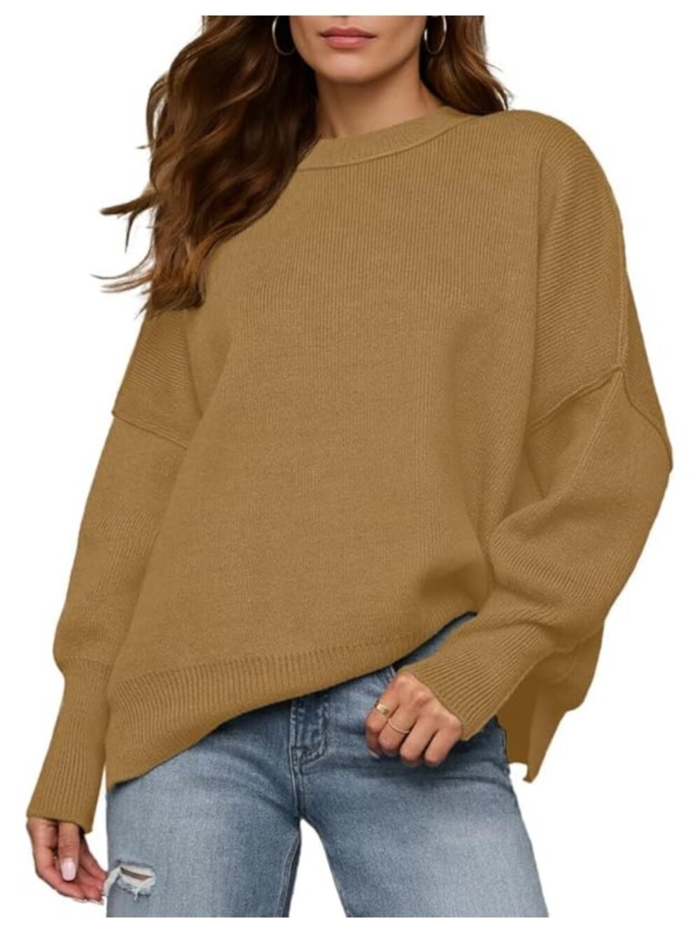 Qixing Women's Oversized Crewneck Batwing Sweater Ribbed Knit Pullover